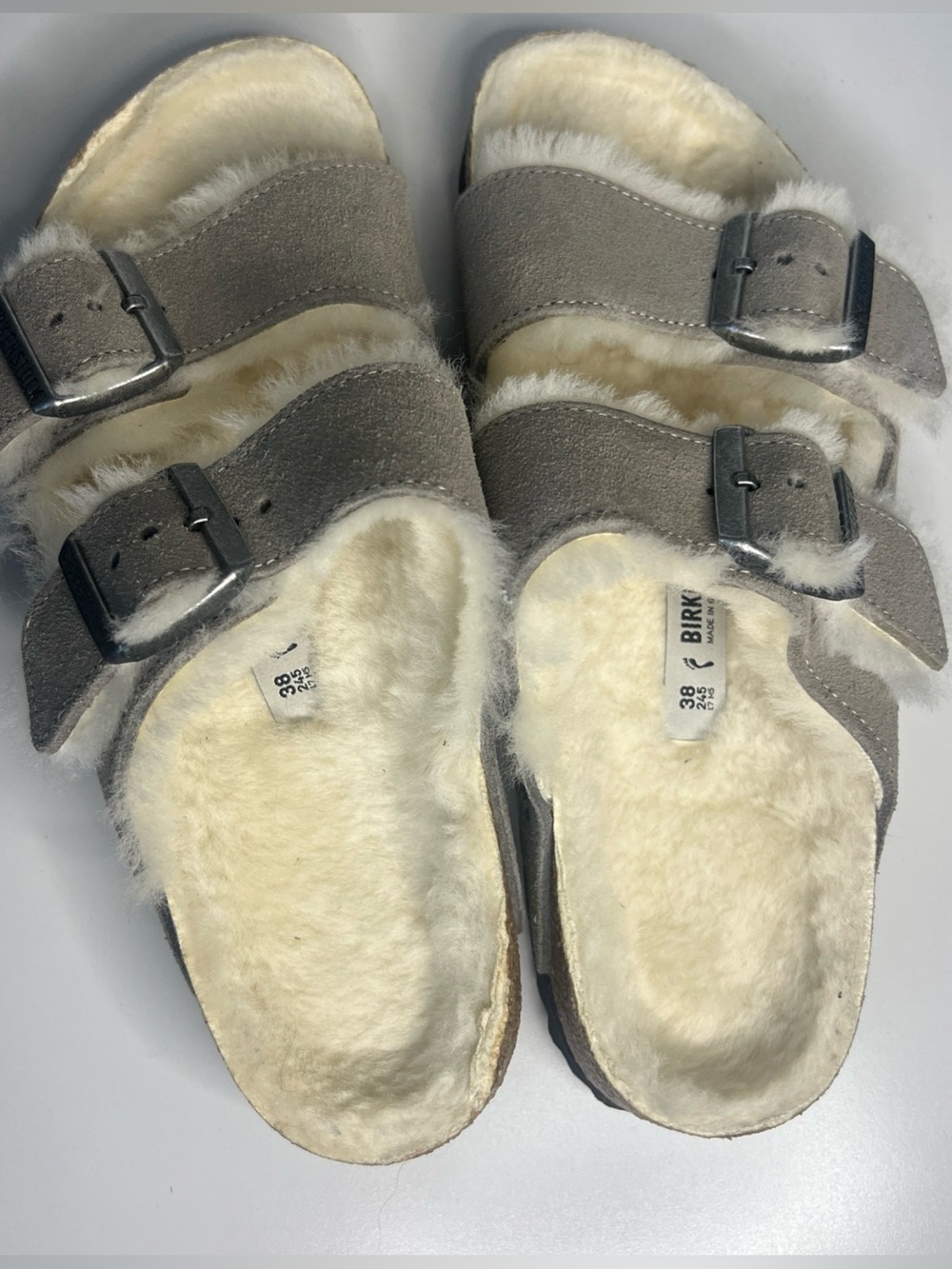 Birkenstock Arizona Shearling Sandals Women's 38 Grey Suede Slides NWOT - Picture 2 of 8